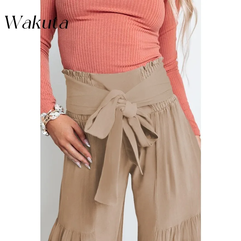 WAKUTA Fashion Temperament Strap Elastic Waist Pleated Wide Leg Pants Solid Loose Street Trendy Casual Capris Woman Clothing