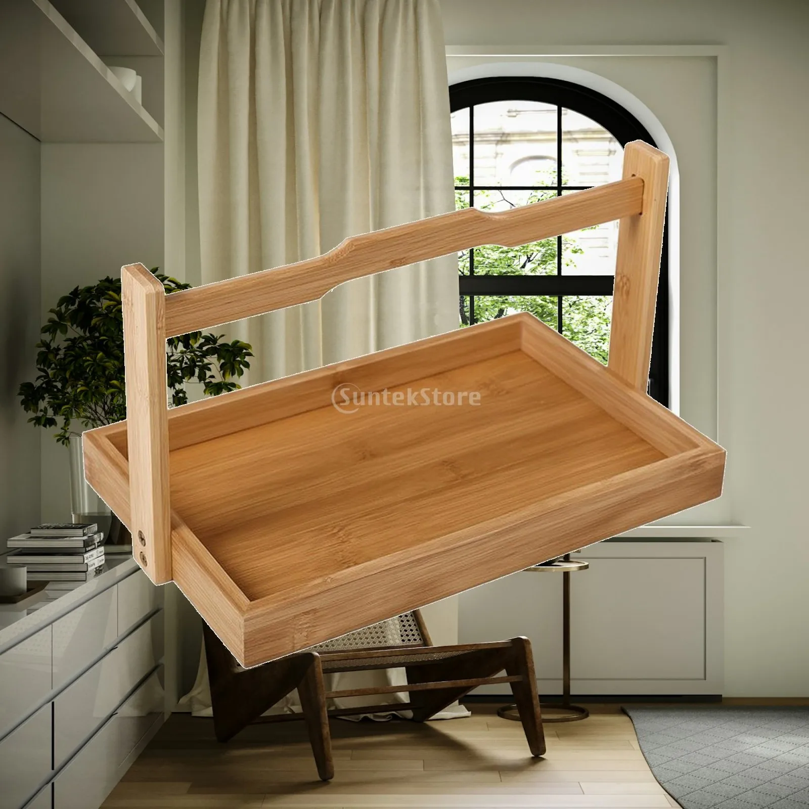 Wooden Bamboo Snack Serving Tray with Upright Handle for Breakfast in Bed Afternoon Tea and Party