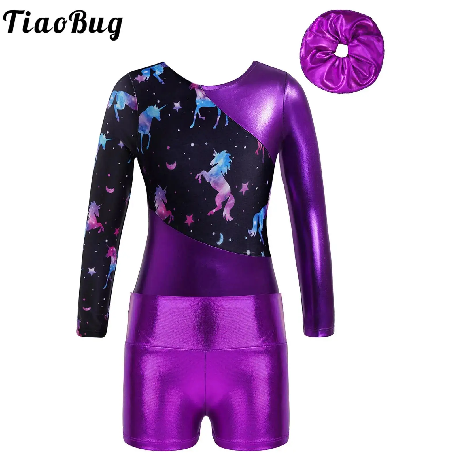 Kids Girls 3Pcs/Set Ballet Dance Performance Costumes Long Sleeve Printed Patchwork Leotard Metallic High Waist Shorts Hair Band