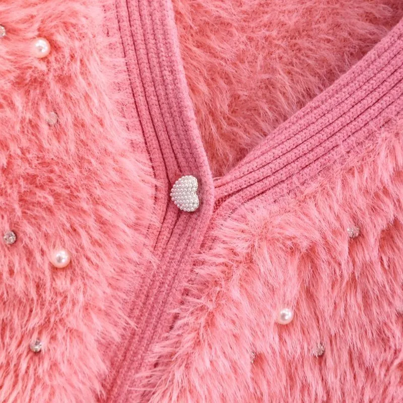 

Sweet Soft Sueter Mujer Cardigan Coat for Women V-neck Beading Fashion Pull Femme Casual Pink Korean Knitted Tops