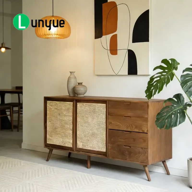 Mid-Century Modern Solid Wood Sideboard with Rattan Handles Eco-Friendly Durable Handmade Storage Cabinet for Kitchen Dining