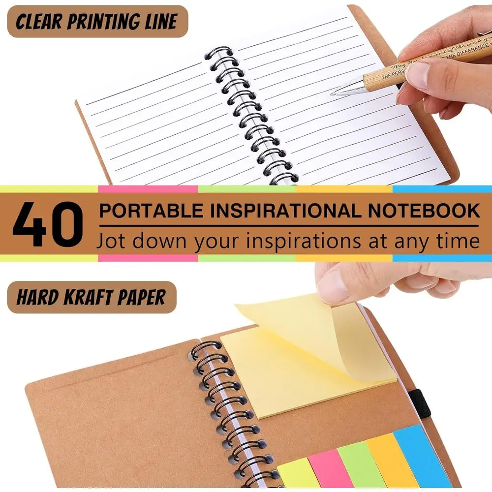 Inspirational Bamboo Pens & Spiral Notebooks with Sticky Notes: 40 Sets for Nurse, Teacher, Coworker Appreciation
