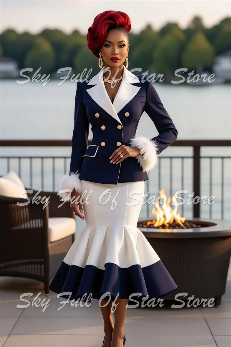 Luxury Navy Women Suit Set 2 Pcs Double Breasted Blazer White Feather Sleeve Midi Mermaid Skirt Custom Formal Evening Lady Coat