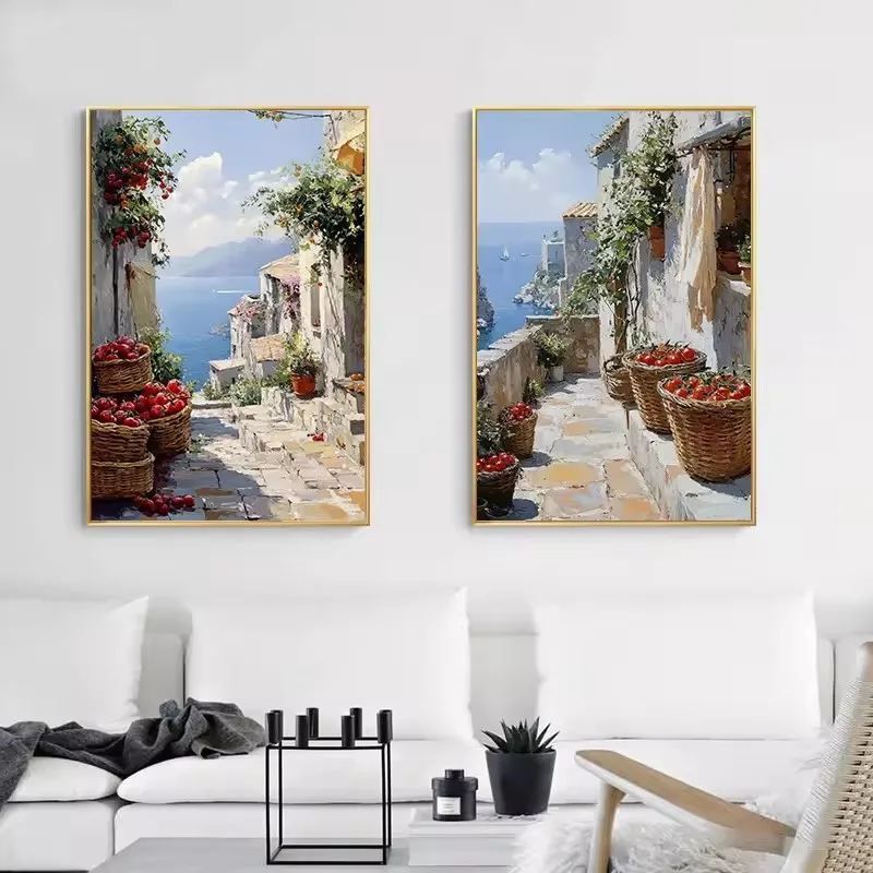 الصيد القرية الساحلية البحر الأبيض المتوسط فناء المطبخ البحر زهرة شرفة المشهد المشارك قماش النفط اللوحة الطباعة ديكور المنزل