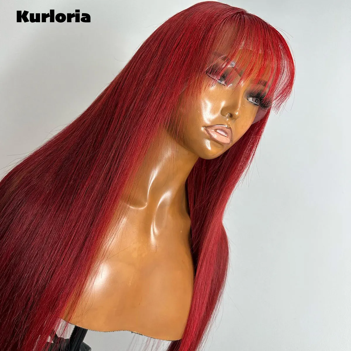 Burgundy Silky Straight 100% Human Hair 13x6 HD Transparent Lace Frontal Drawstring With Bangs Glue-Free Wig Ready to Wear Wigs