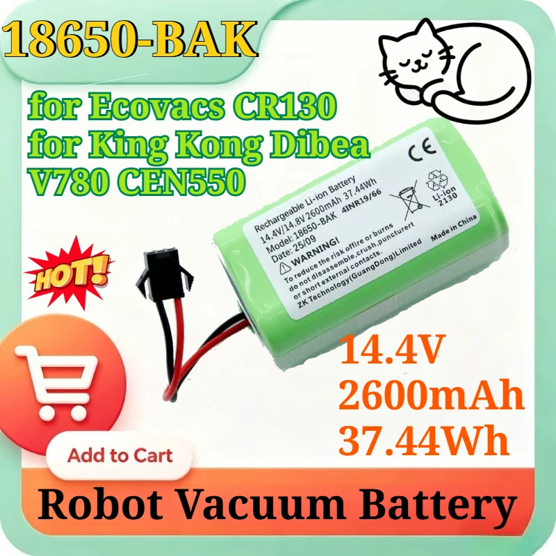 18650-BAK 14.4V 2600mAh 37.44Wh Li-ion Battery for Ecovacs CR130 for King Kong Dibea V780 CEN550 Robot Vacuum Cleaner 4S1P 18650