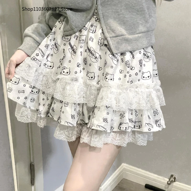 

Japanese Gothic Y2k Lolita Mini Skirt Women Kawaii Cartoon Cat Print Lace Ruffle Harajuku Short Skirts Summer Pleated Cake Skirt