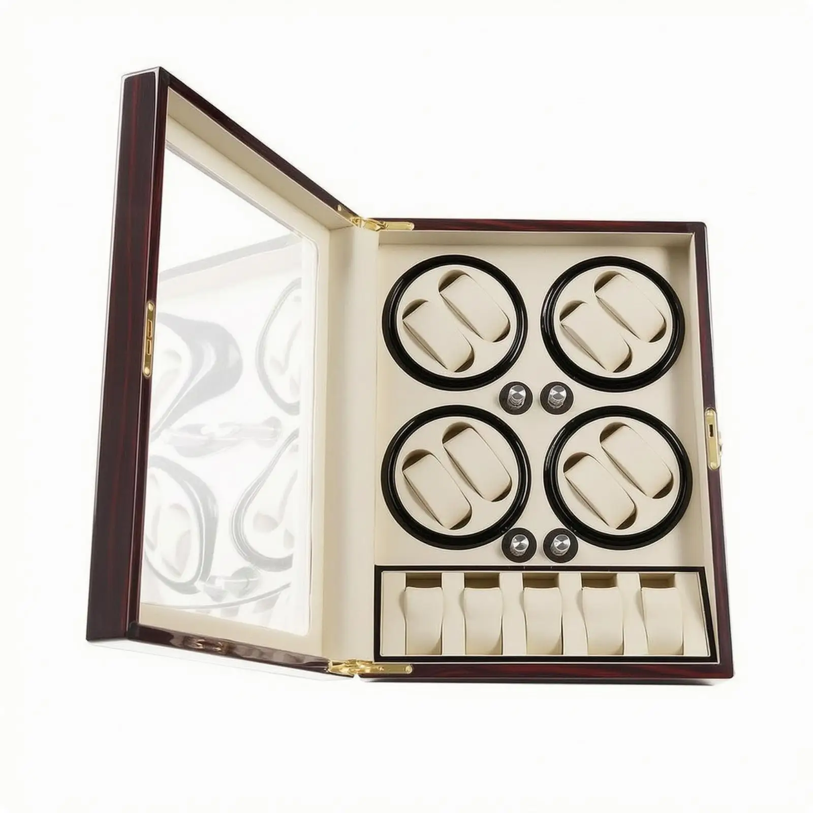 PU Leather Watch Winder Case for Automatic Watches with 4 Circular Rotators and Dust Proof Display Door