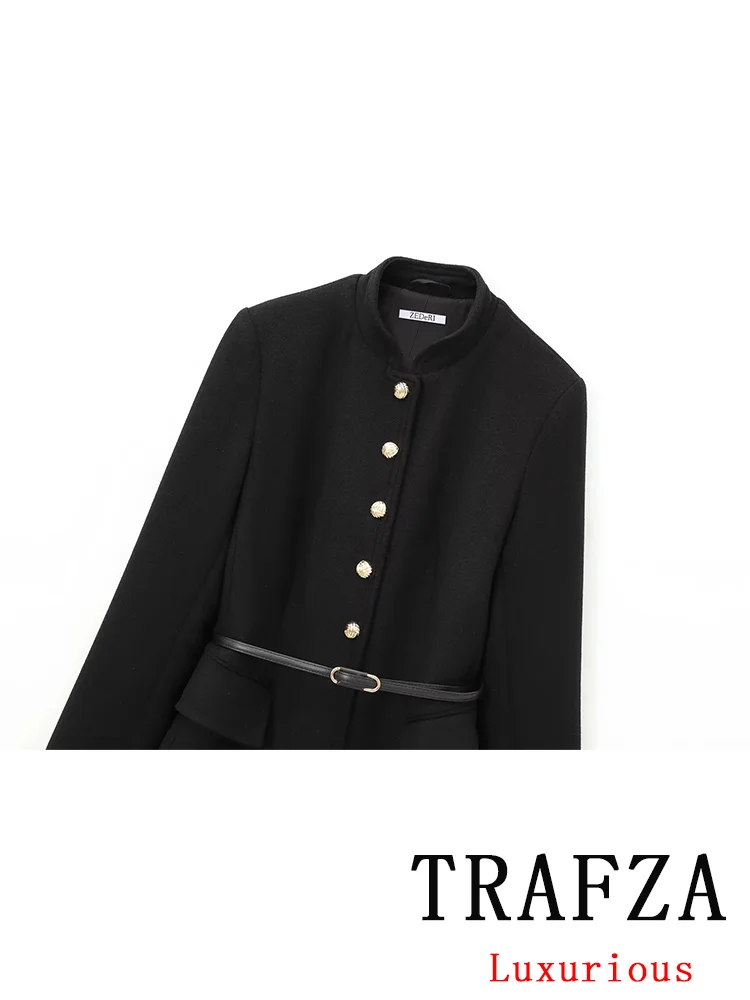 TRAFZA Vintage Chic Women Jackets Solid O-Neck Button Sashes Long Sleeve Coats New Fashion 2024 Autumn Winter Jacket Outwear