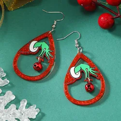 Creative Acrylic Green Hand Earrings for Women Christmas Gingle Bells Black Cat Pendant Earrings New Year Party Jewelry Gifts