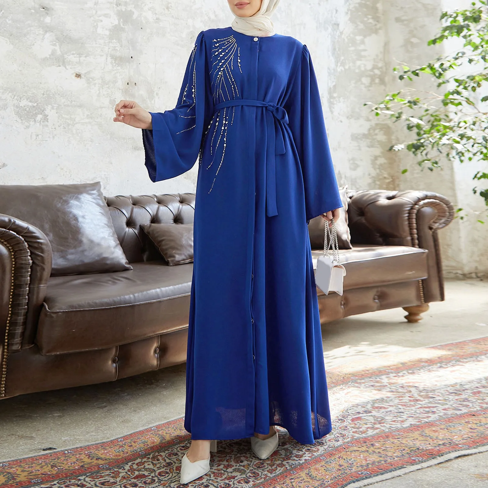 Luxury and Fashion Heavy Industry Beading Ironing Muslim Dress Women's Elegant Navy Blue Exquisite Muslim Robes Party Wear