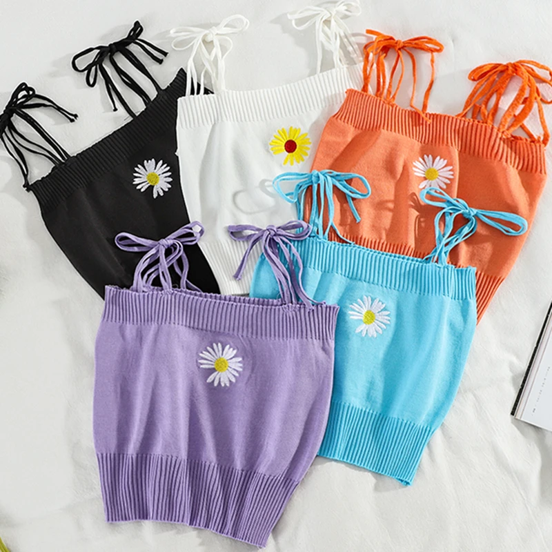 Embroidered Daisy Cami Tops Tie Strap Knit Camisole Women Teengirl Crop Tops 2024 Summer Cute Fairycore Aesthetic Outfit