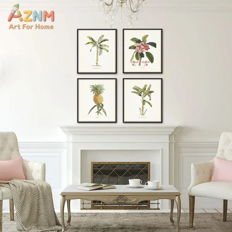 1pc frameless Vintage Tropical Botanical Print Pineapple Decor Coastal Botanical Poster Palm Trees Canvas Paintings For Living R