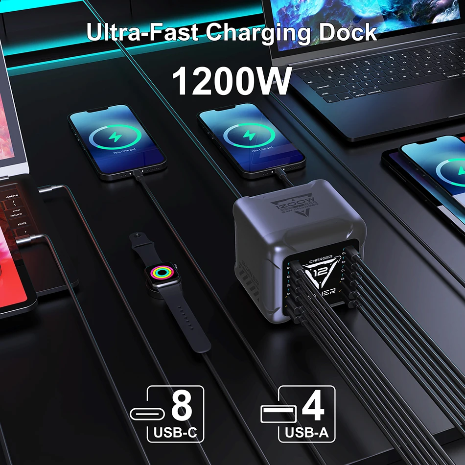 1200W GaN USB Type C Charger 140W 100W PD3.1 PPS QC4.0 Fast Charging Station For MacBook Laptop iPad Tablet iPhone 17 16 Samsung