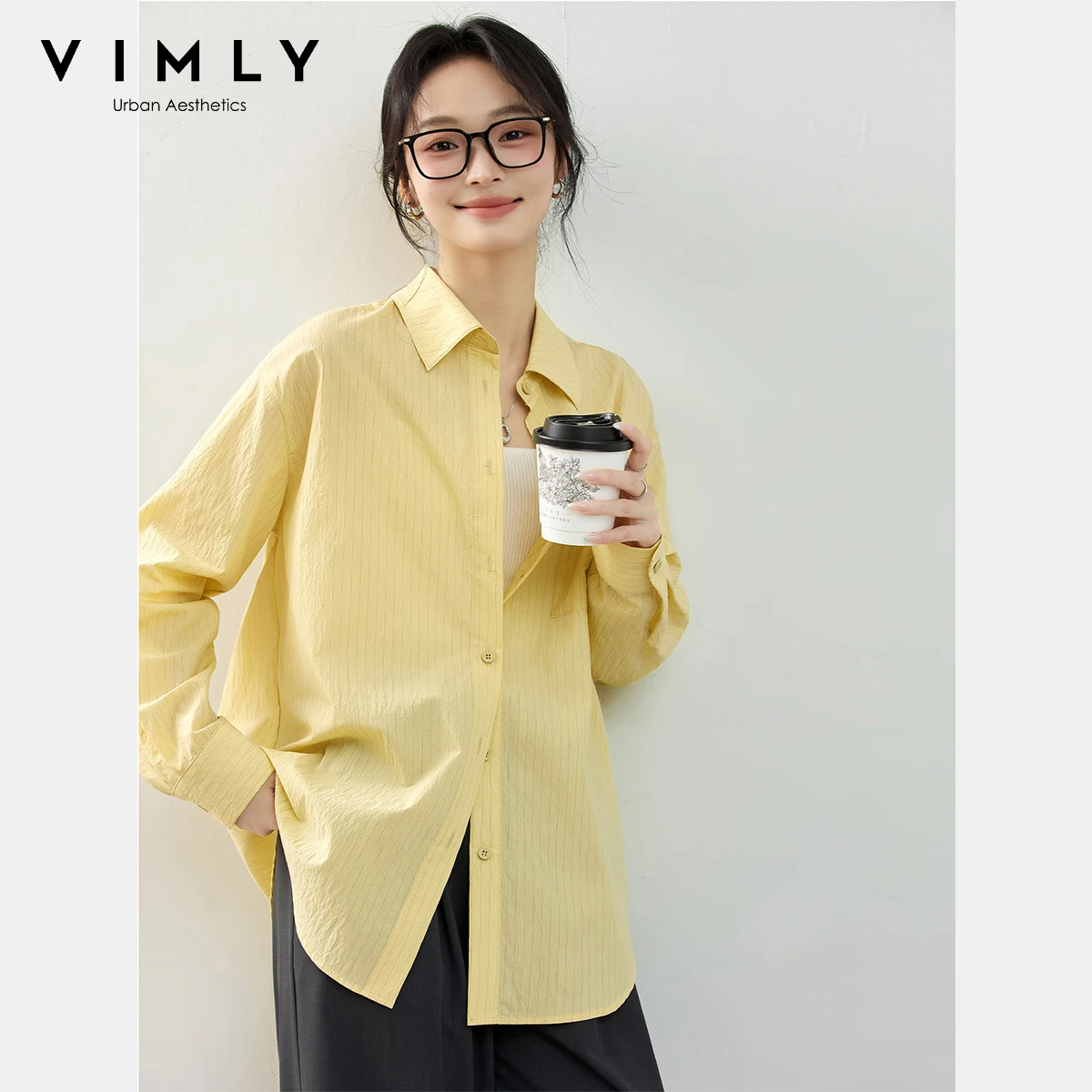 

VIMLY Women Shirts Yellow Striped Long Sleeve Ladies Tops Woman 2025 Casual Autumn New Polo Neck Button Female Blouses A2215