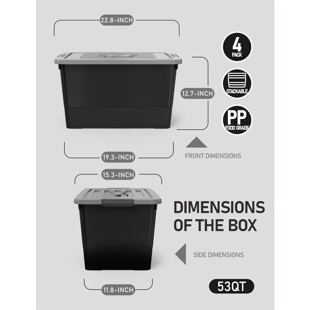 صناديق تخزين بلاستيكية قابلة للتكديس بسعة 53 لترًا، 4 عبوات من الحاويات السوداء مع أبازيم ومقابض للإغلاق، متينة للتنظيم