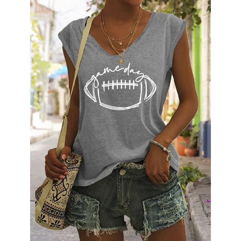 Chic Women's V Neck Vest Baseball Print T Shirt Summer Short Sleeve Casual Tops  Tees