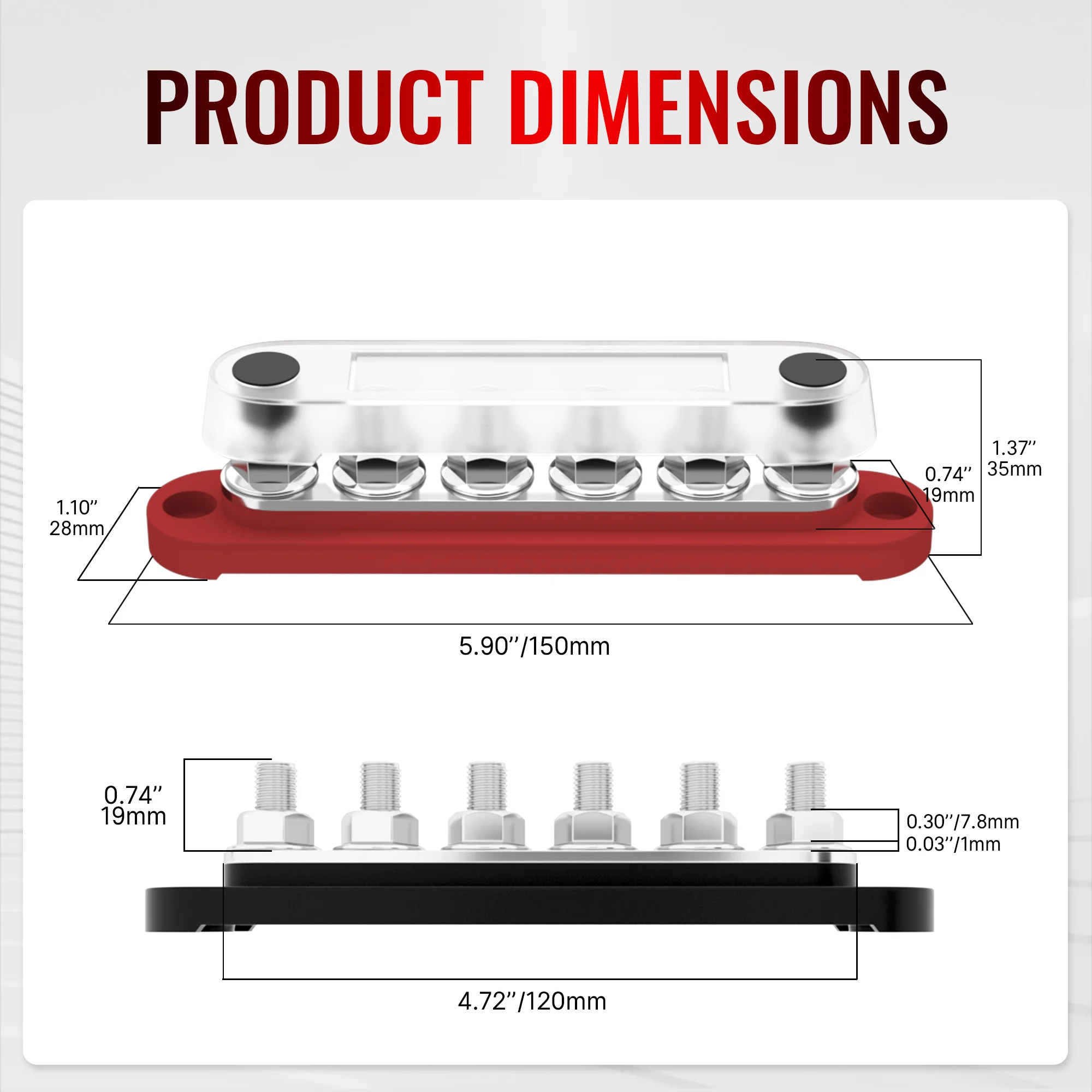 12V Bus Bar 250A Power Distribution Block 12 Volt Busbars 6 X 5/16' (M8) Terminal Studs Positive & Negative for Car Marine