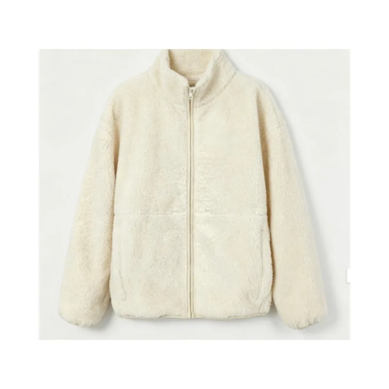 Women Jacket Full Zip Stand Collar Coat Vintage Sports Warm Long Sleeve Loose Casual Autumn Winter Solid Color Basic Fashion