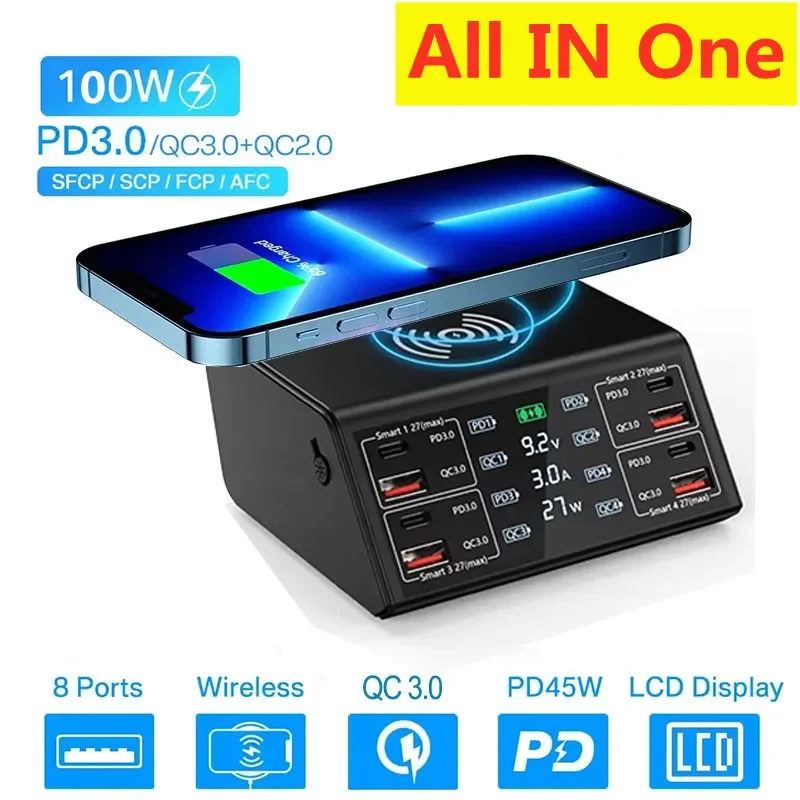 

100W 8 Ports USB Charger Station Wireless Charging Digital Display Screen QC PD3.0 Quick Charge For Tablet iPhone Samsung Xiaomi
