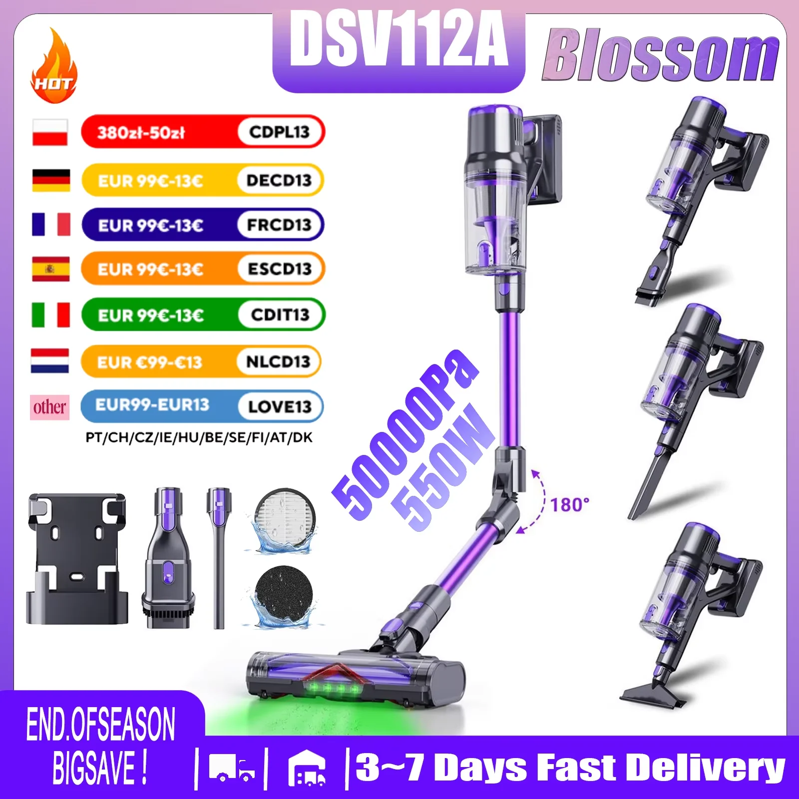 Aspirateur balai sans fil Blossom DSV112A 50000Pa 550W, tube pliable à 180°, écran tactile, autonomie 55 min, brosse anti-emmêlement, filtration HEPA, éclairage LED, aspirateur pour poils d’animaux sols durs tapis 1