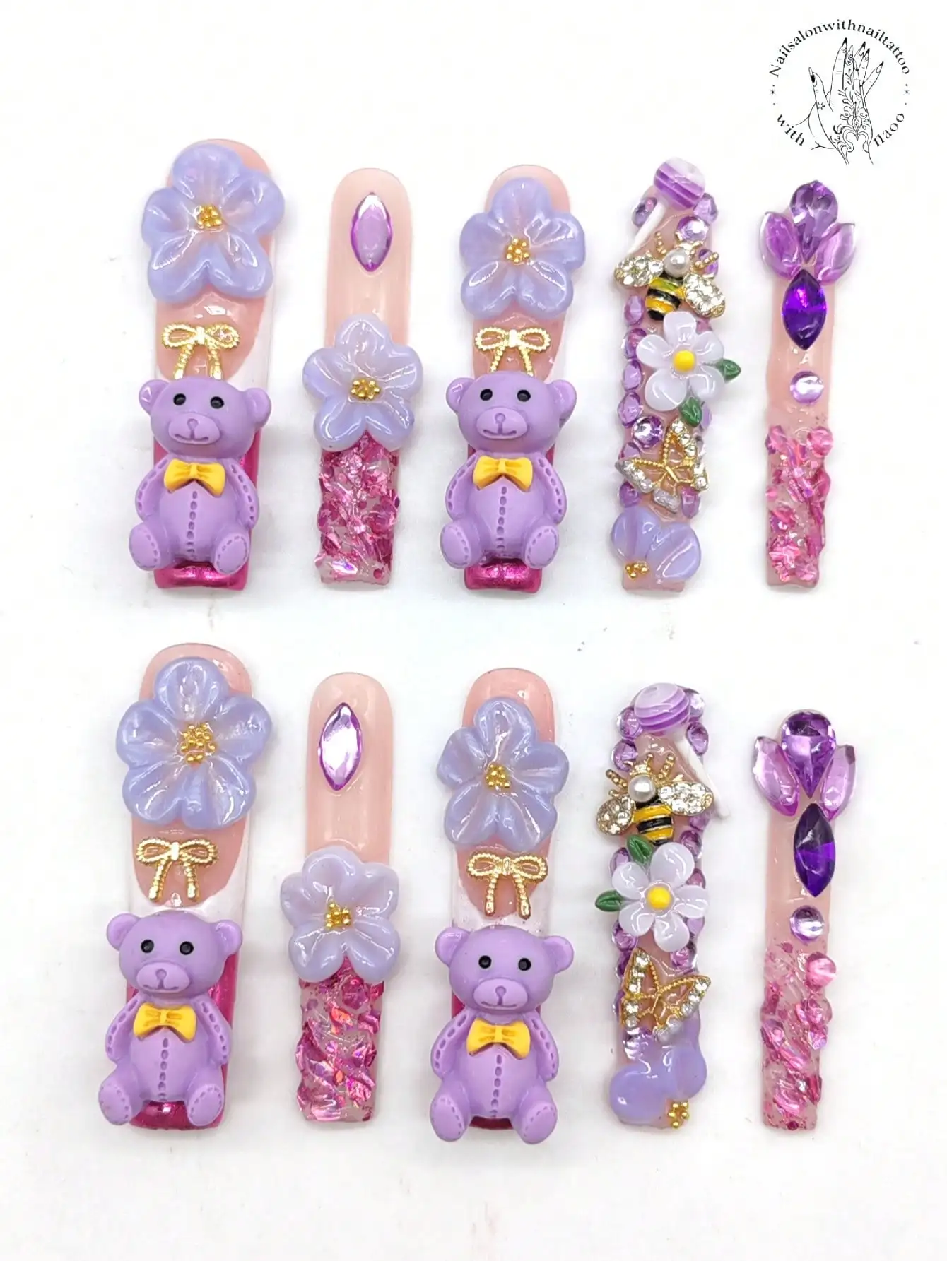 10-Piece Set 55mm Length Square Hand-Pressed Wearable Nails with Embossed Flowers Rhinestone Accents Pearl Glitter for Autumn Wi