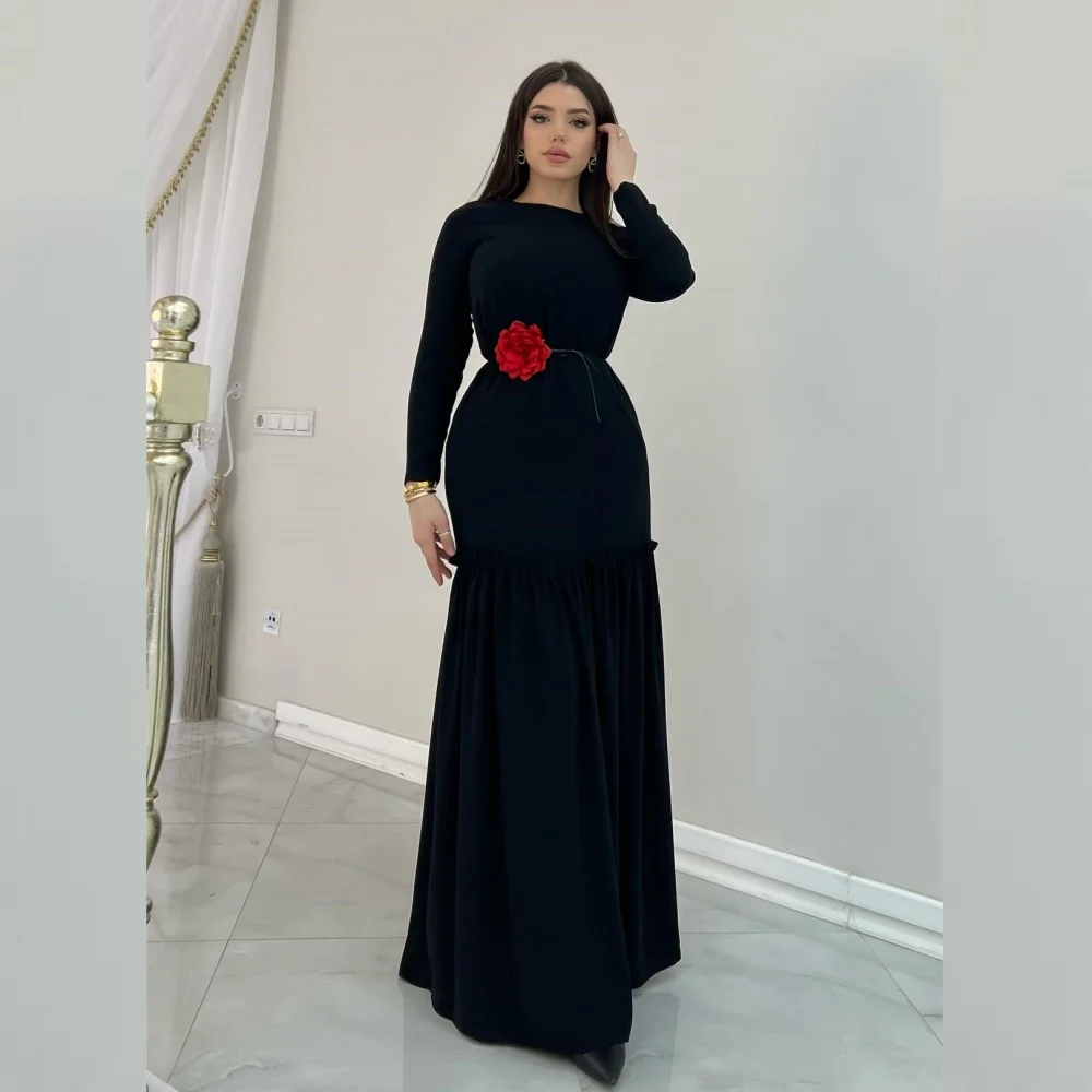  Jersey Flower Draped Pocket Party A-line O-Neck Bespoke Occasion Gown Long Dresses Saudi Arabia Evening