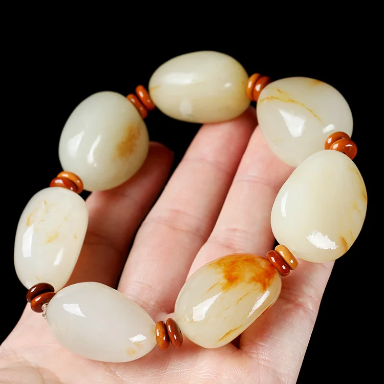 

Natural Raw Jade Stone With Skin Nephrite Bracelet Men Women Fine Jewelry Genuine Chinese Hetian Jade Tumbled Stone Bracelets