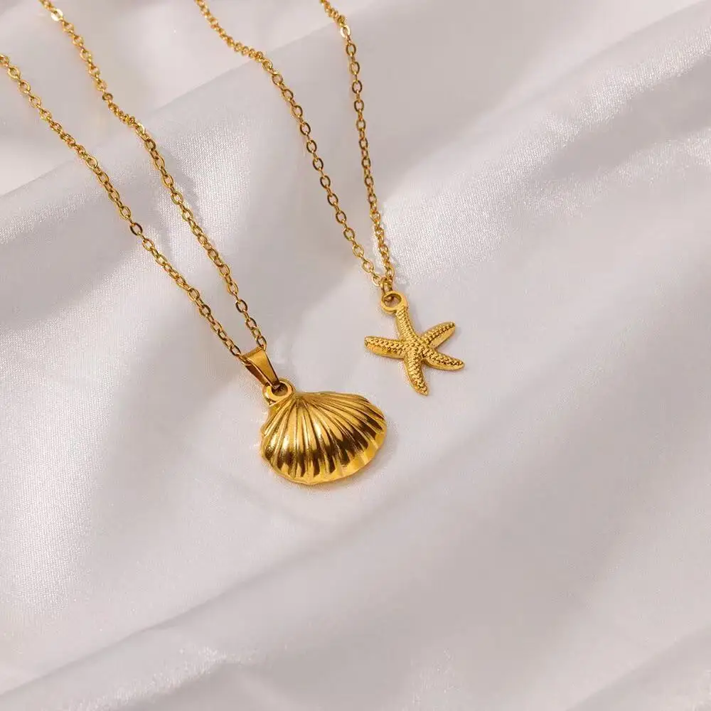 2PCS Retro Sea Star Shell J Gold Necklace Women's Pendant Shell Necklace Aesthetics Summer Jewelry Gift image 2