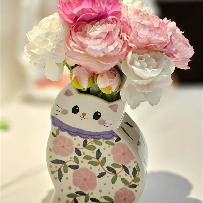 Cute Kitten Ceramic Vase Flower Device Home Decoration Ornament Ceramic Color Cute Cartoon Small Diameter Flower Vase Jarrones