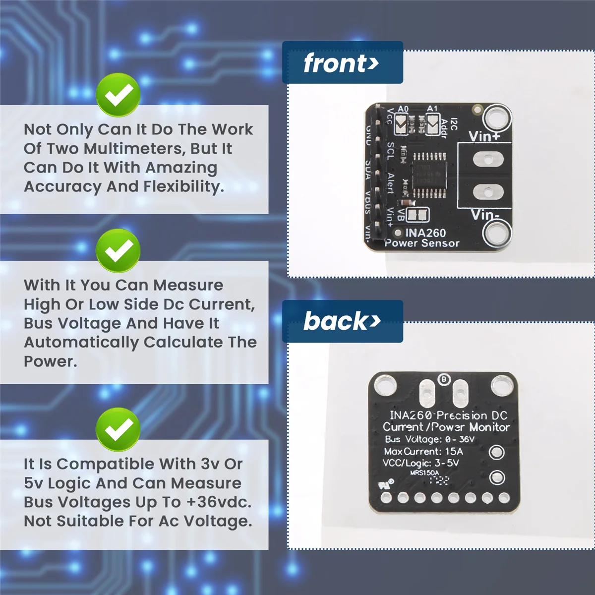 Nuevo módulo de Sensor de detección INA260, módulo portátil de Sensor de potencia de corriente de voltaje lateral alto o bajo