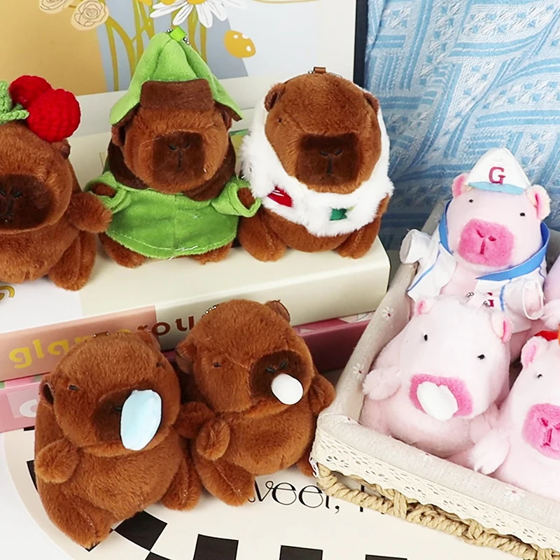 1PC Hat Capybara Plush Toy Simulation Flower Cotton Jacket Capibara Stuffed Animals Papa Hand Circle Ring Small Pendant