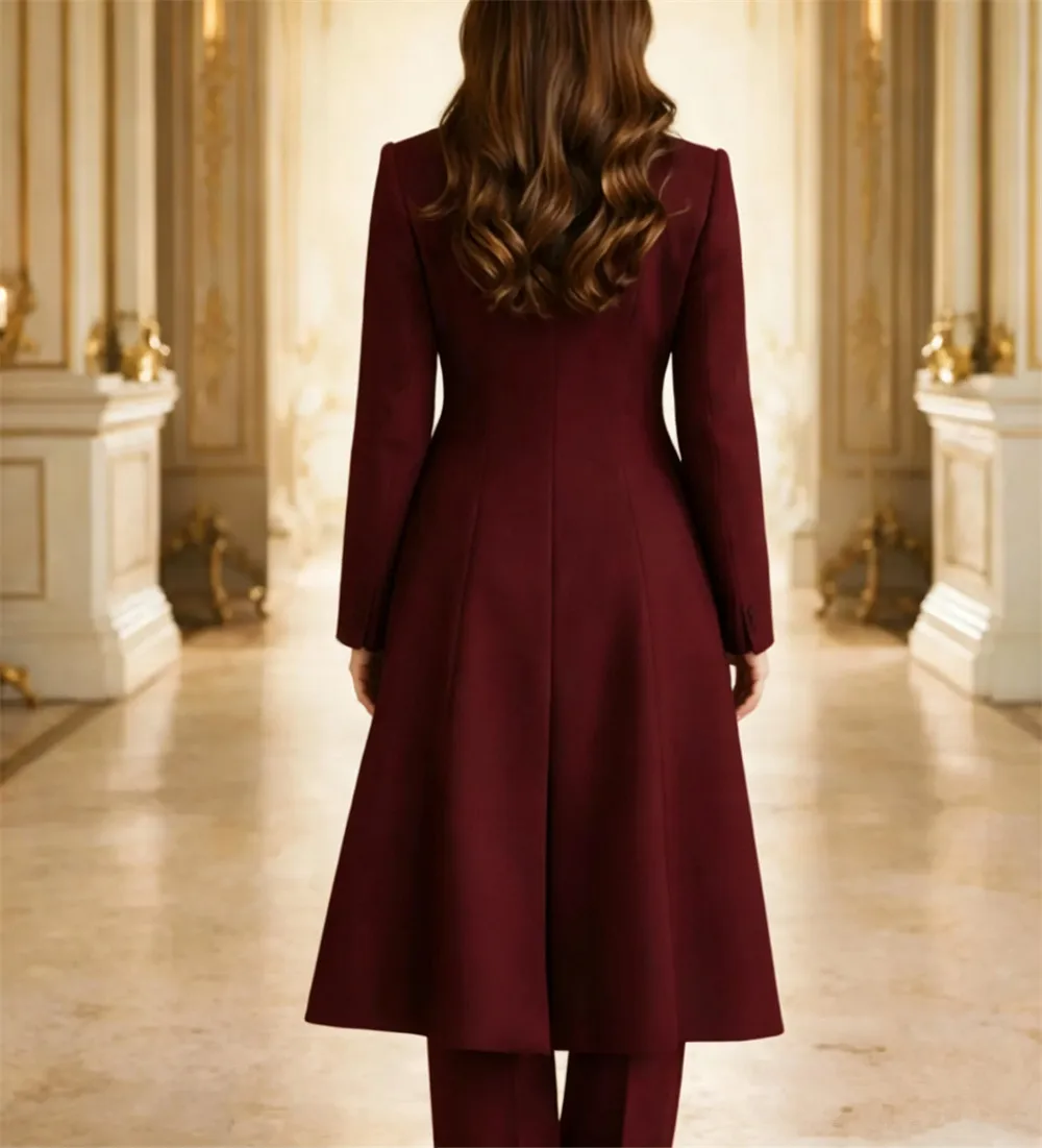 New Womens Burgundy 3 Pcs Longcoat Suit Elegant Wedding Guest Power Women's Suit Mariage (Jacket+Vest+Pants) image 2