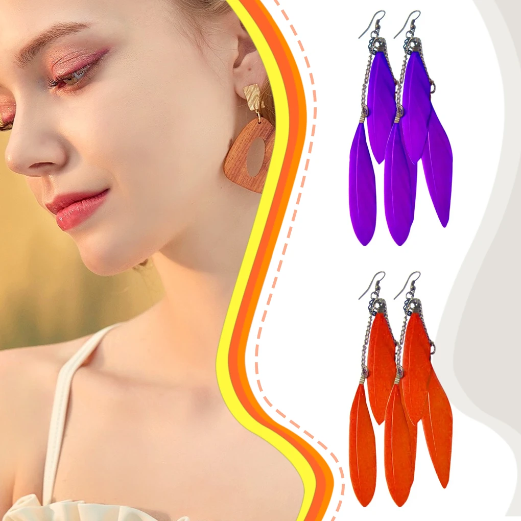 Women Tassel Earrings Feather Drop Dangle Hook Earrings image 4