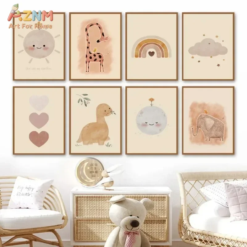 AZNM Neutral Watercolor Dinosaur Canvas Wall Art Cute Elephant Rainbow Print for Baby Nursery Decor