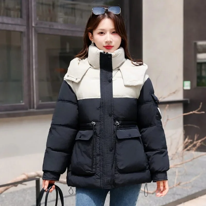 Winter Frauen kurze Daunen Baumwoll jacke Spleißen vielseitige Farb kollision Dame Parka Mantel Mode Temperament Baumwolle gepolstert