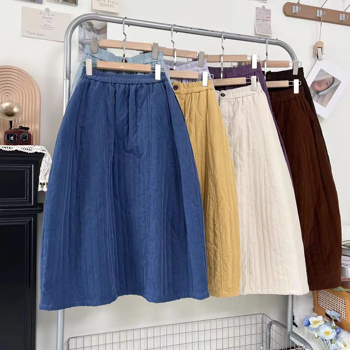 

Japanese Style Pure Color Cotton Corduroy A-Line Skirt Retro Versatile Loose Umbrella Skirt for Women High Waist Mid-Length