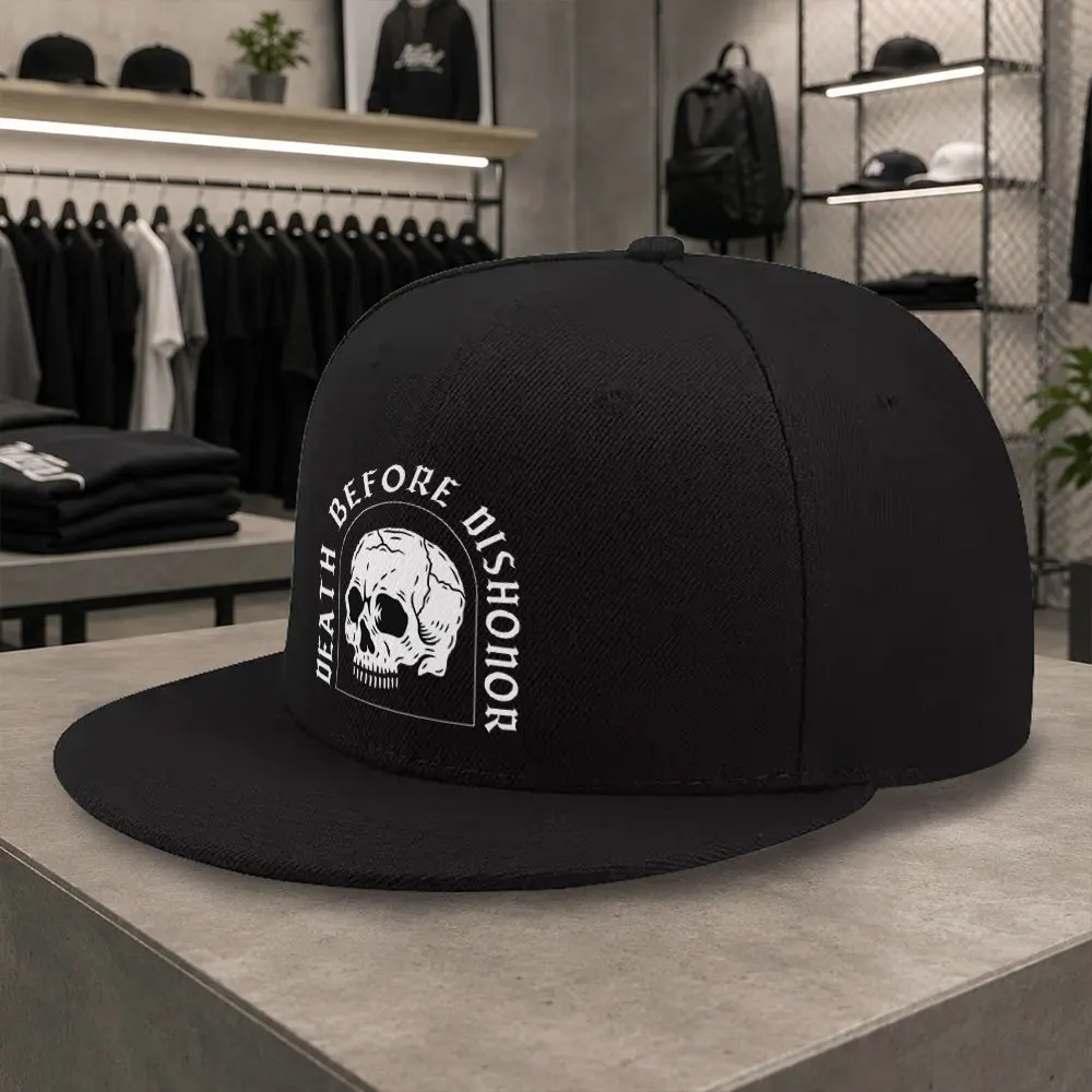 New Skull DEATH BEFORE DISHONOR Unisex All-Match Flat Brim Baseball Cap, Hip-Hop Cap, Suitable for Short Trips, Home Daily Match