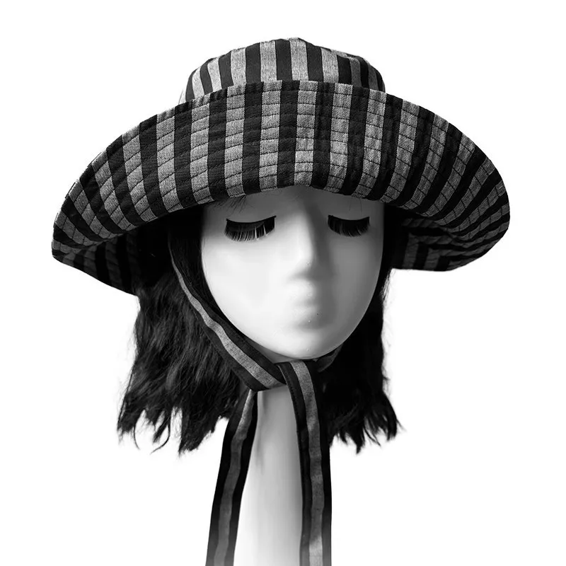 

Новое поступление, рыбацкая шляпа во французском стиле с бантом для женщин, полосатый дизайн, широкие поля для защиты от солнца на открытом воздухе, идеально подходит для лета