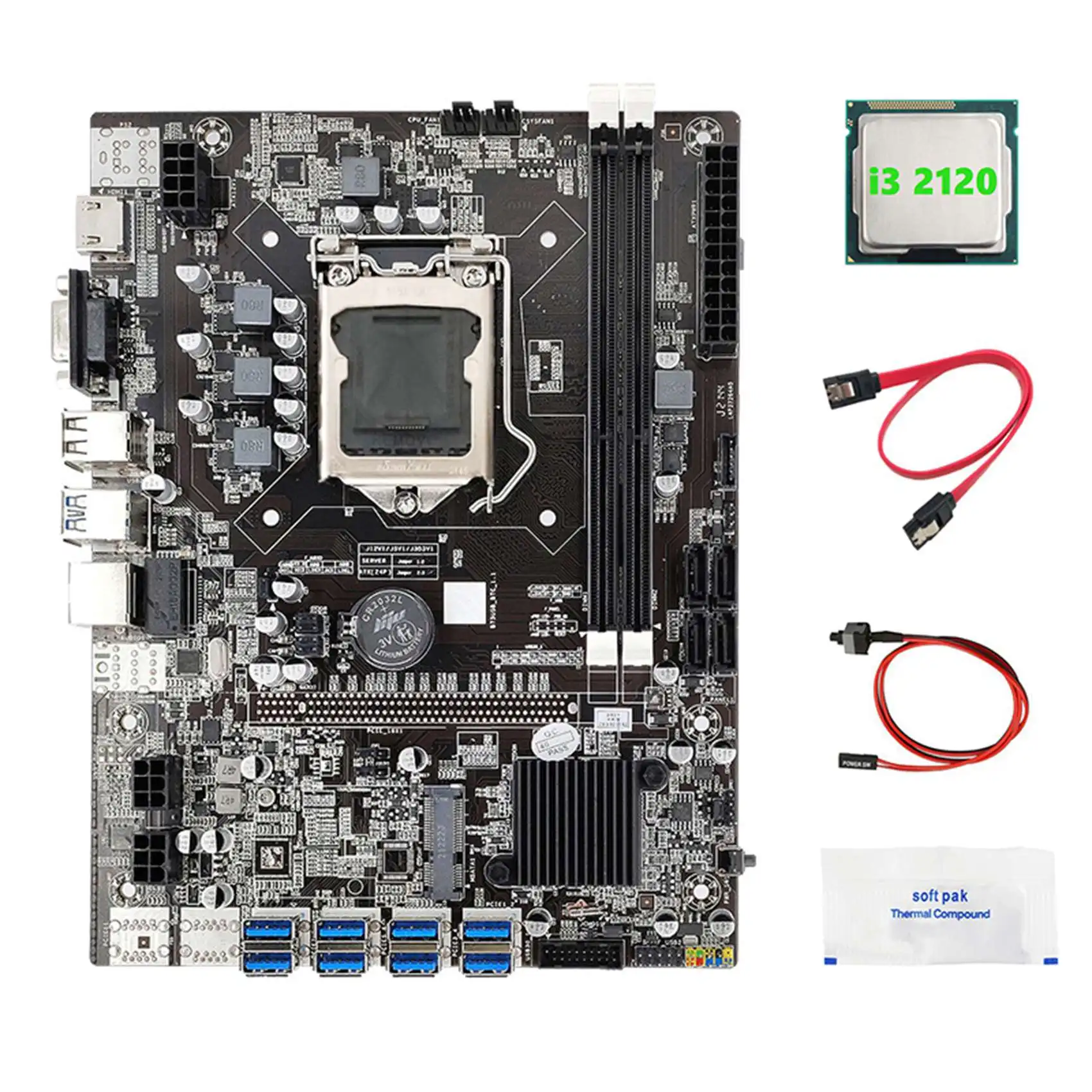 

B75 ETH Mining Motherboard 8XPCIE To USB+I3 2120 CPU+SATA Cable+Switch Cable+Thermal Grease LGA1155 Miner Motherboard