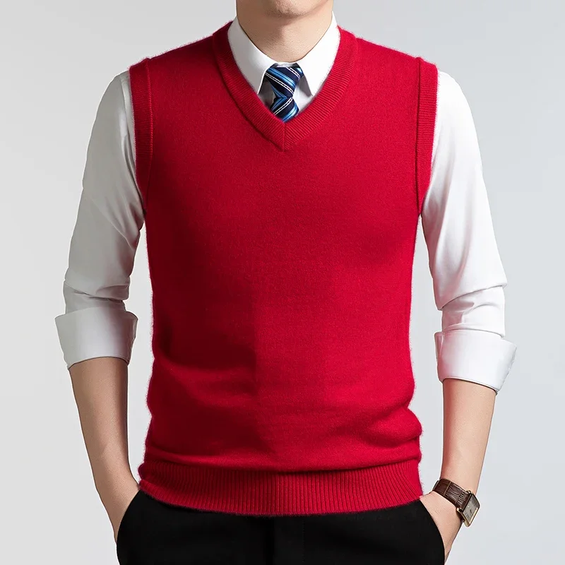 Mens V Neck Solid Knitted Vest Sleeveless Sweater Waistcoat Business Casual Slim Fit Pullover Tank Top Winter Warm Knitwear view 6