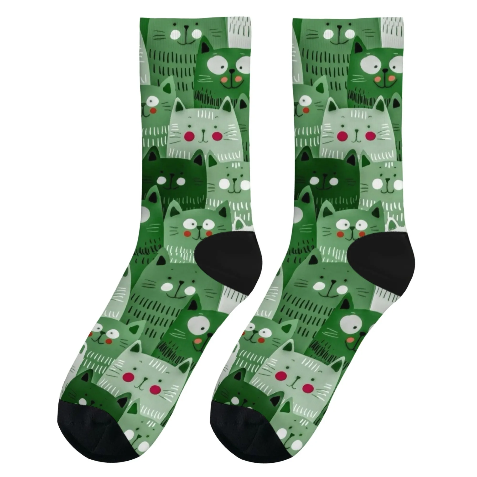 Cute Green Cartoon Cat Pattern Crew Socks Breathable Soft Comfortable Socks Perfect for Cat Lover Crazy Gift Outdoor Casual