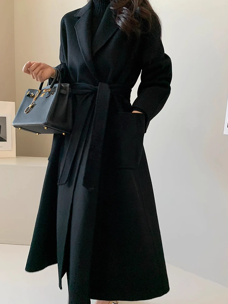 Manteau en laine Chic à col de costume Vintage d'automne, avec attaches à la taille longues, Double ket, vêtements d'extérieur pour femmes