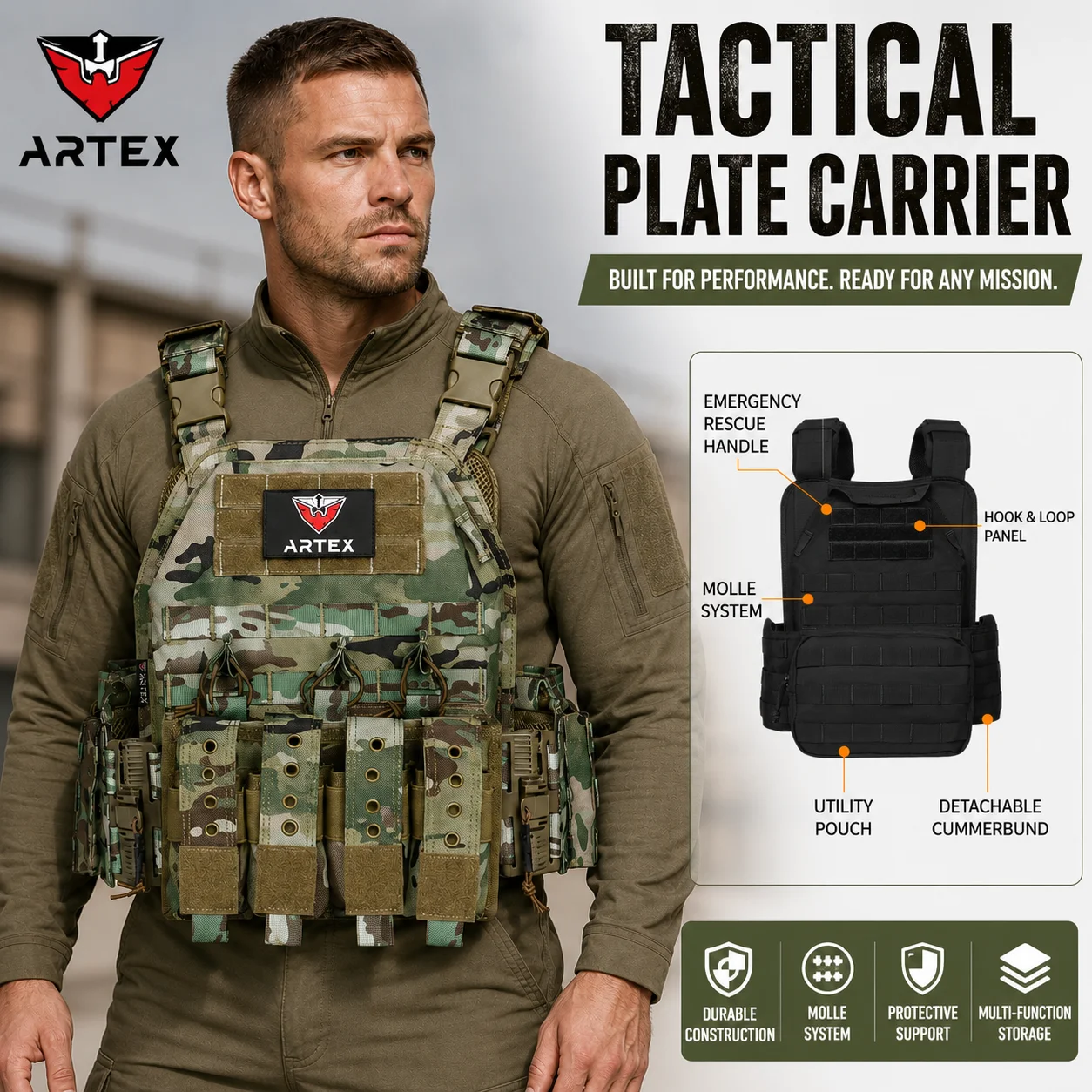 ARTEX 8306 1000D Tactical Training Vest Quick Release Detachable MOLLE Breathable Wear-Resistant Airsoft Gear