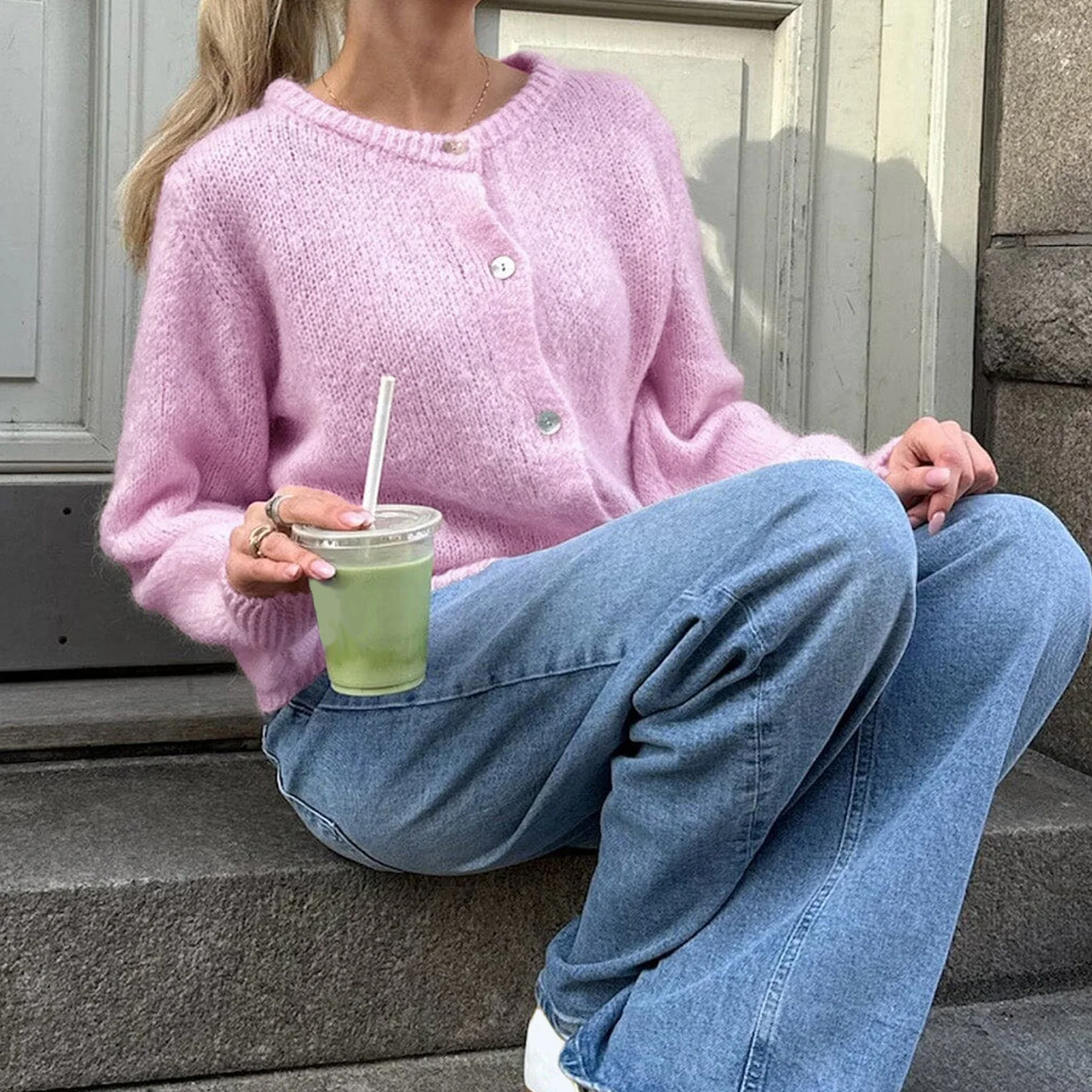 Donna Autunno y2k Vintage Girocollo Cardigan lavorato a maglia Basic monopetto Manica lunga Tinta unita Maglioni con bottoni Crop Top
