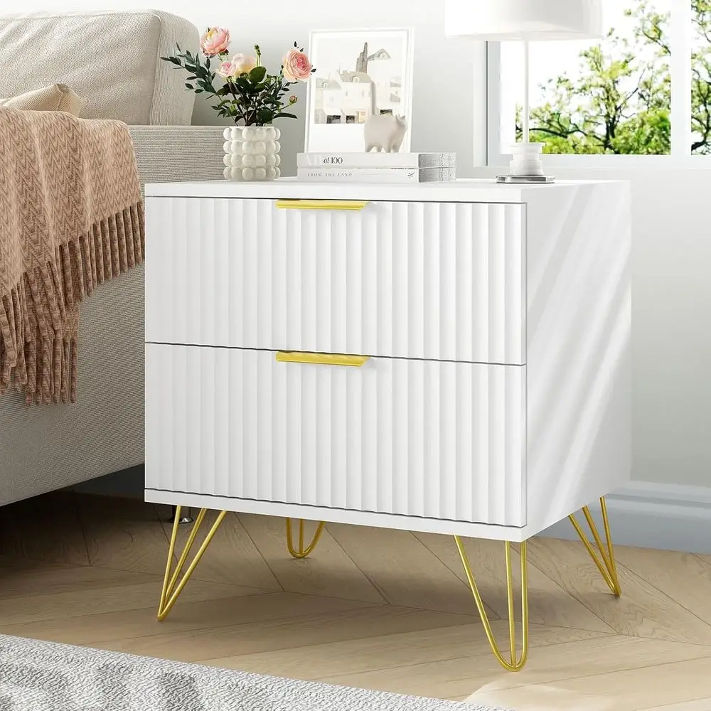 

Pair of Modern Fluted Drawer Nightstands, White Wooden Bedside Tables with Storage for Living Room, Bedroom, Sofa, Office