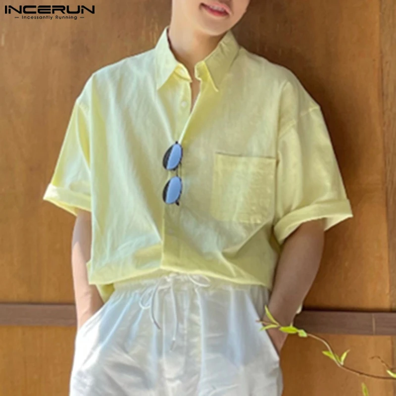 

INCERUN 2024 Men Shirt Solid Color Lapel Short Sleeve Casual Male Shirts Streetwear Summer Loose Korean Fashion Men Clothing