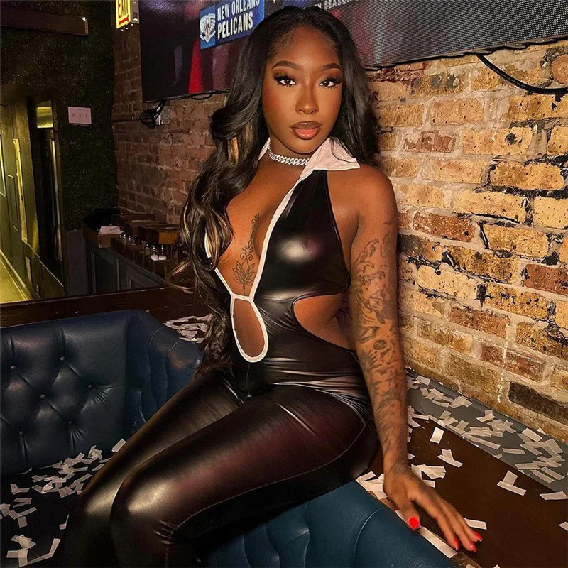 Sexy Leather PU Summer Jumpsuits 2024 Women Bodysuit Playsuit Elegant Luxury Bodycon Sexy One Piece Romper V Neck Jumpsuit