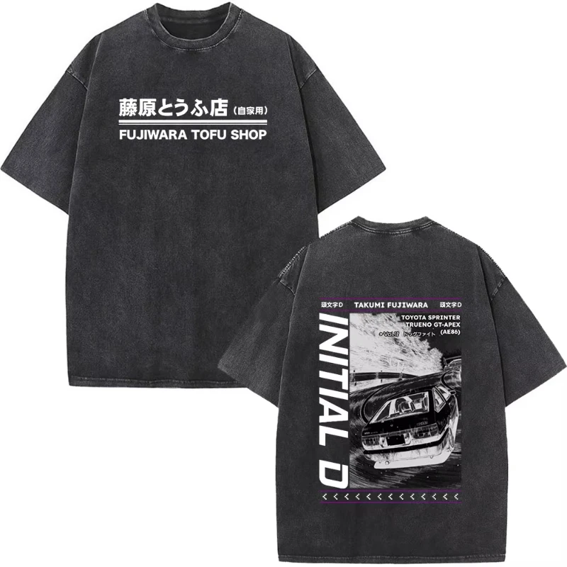 

Anime Initial D Drift AE86 Washed Vintage Print T-shirt RX-7 R34 Skyline GTR JDM T-shirts Woman's Harajuku Cozy Oversized Top