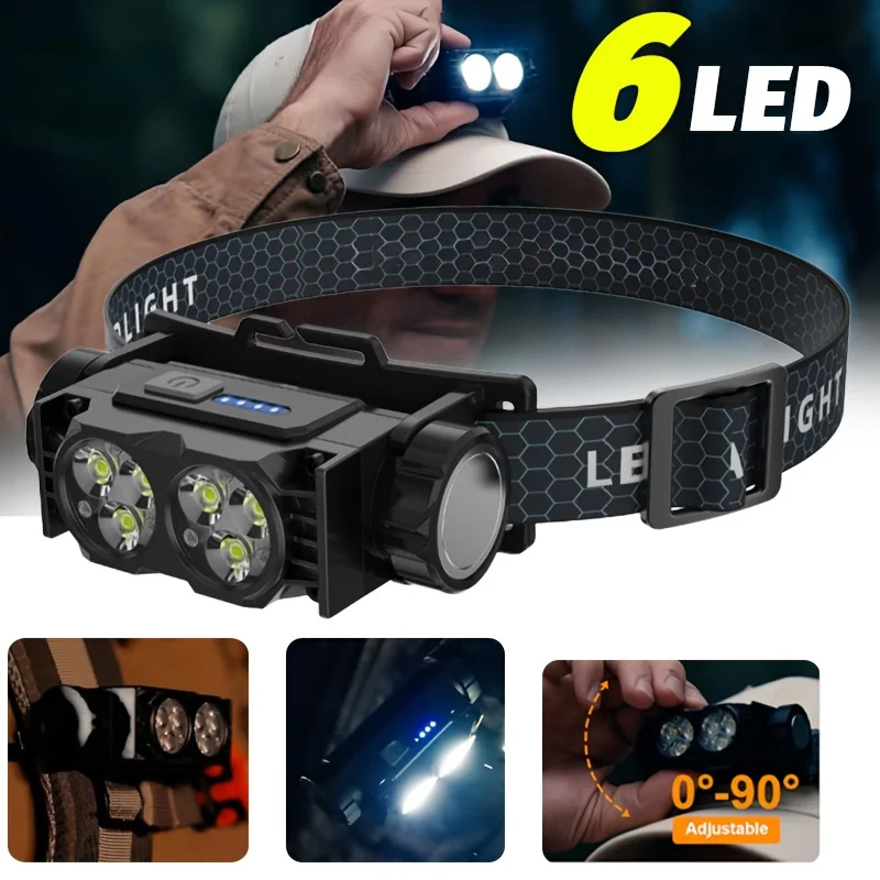 USB Rechargeable Headlamp with Magnetic Handsfree Headlight 6-LED Bright Torch 1200mAh Battery Display for Camping Flashlight